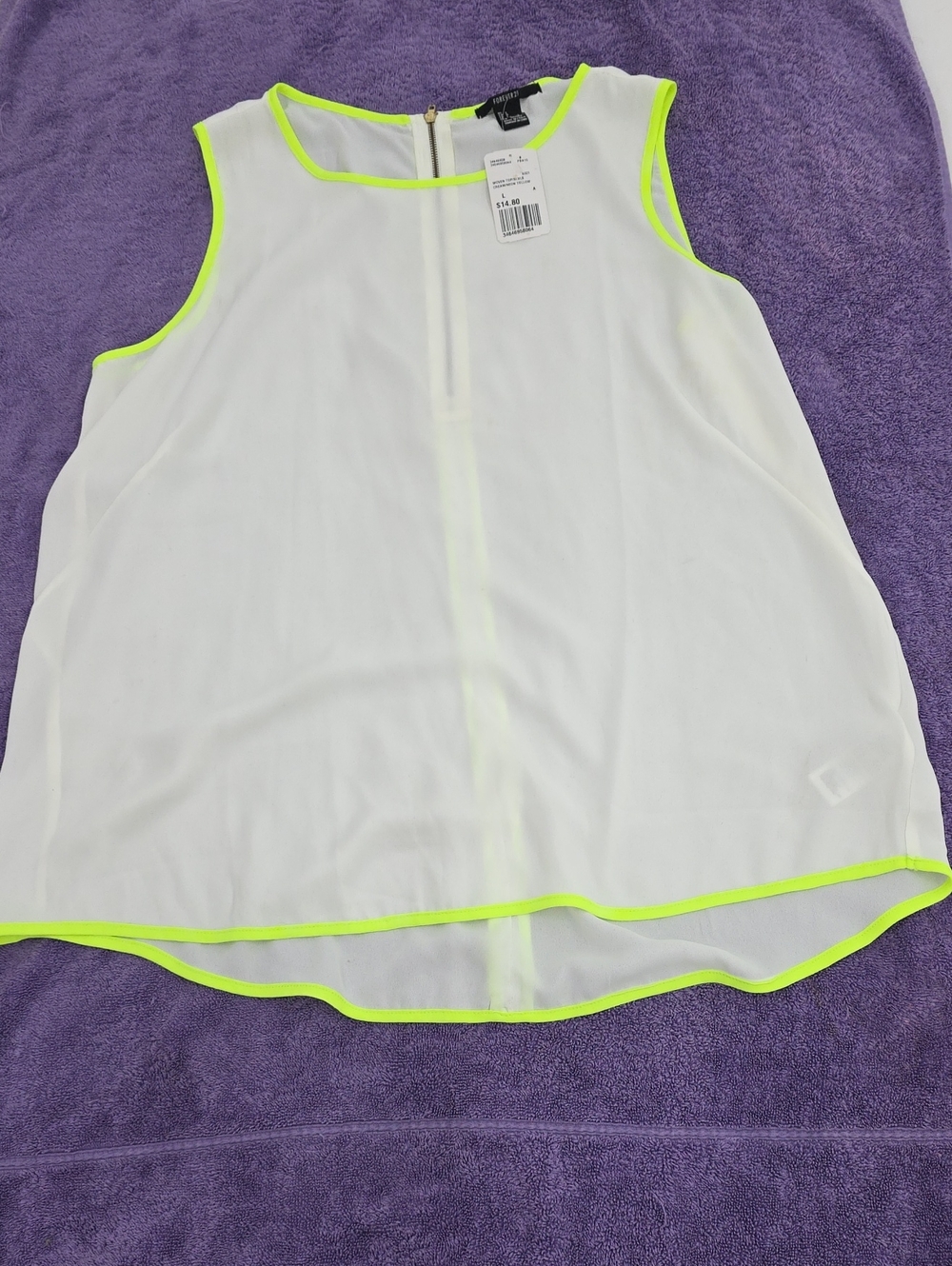 NWT Forever 21  White Sleeveless Top with Neon Yellow Trim